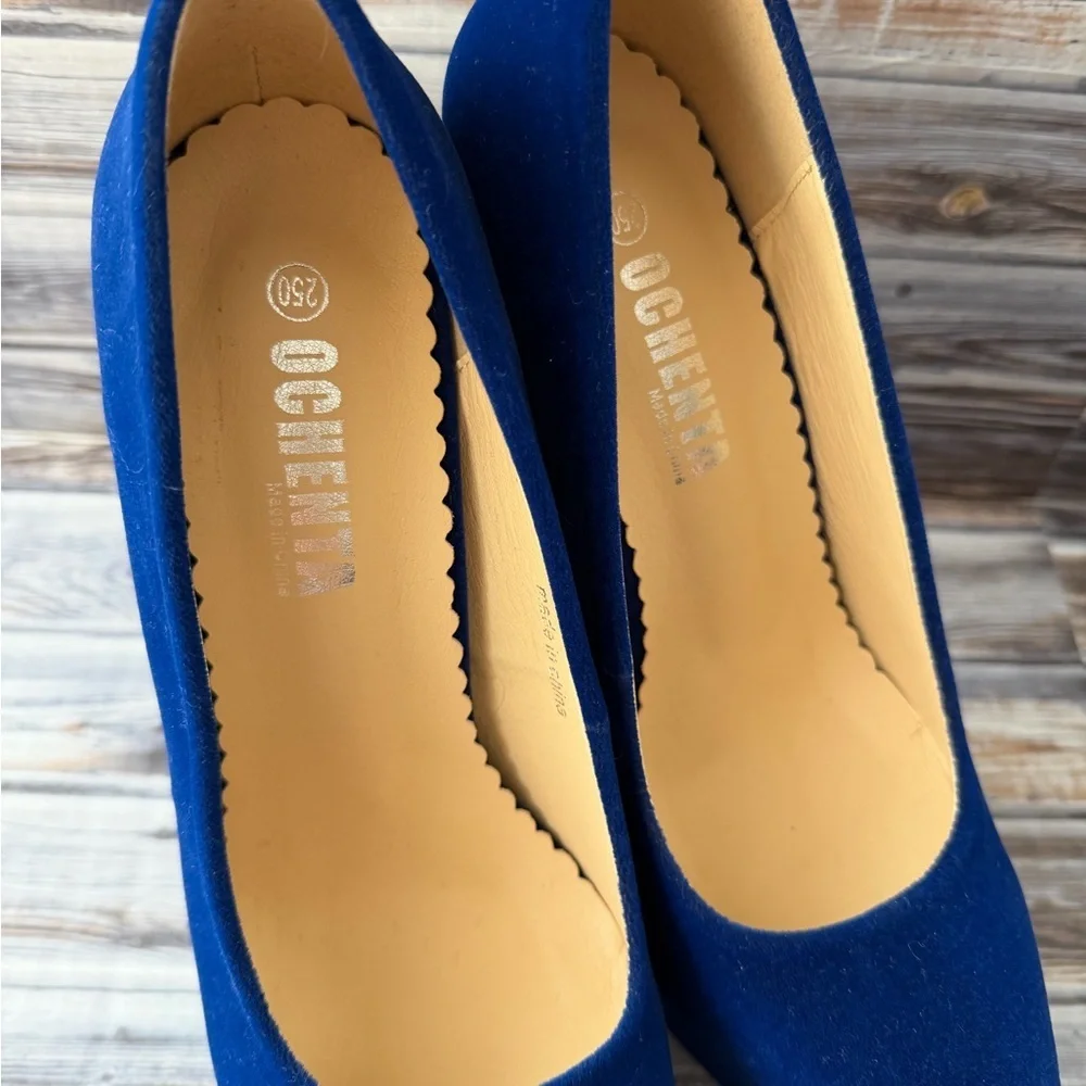OCHENTA Women's Platform Slip On High Heels Dress Pumps Blue Velvet stilettos